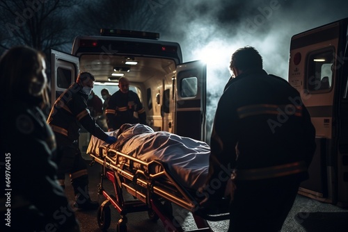 group of paramedics deal with an emergency photo