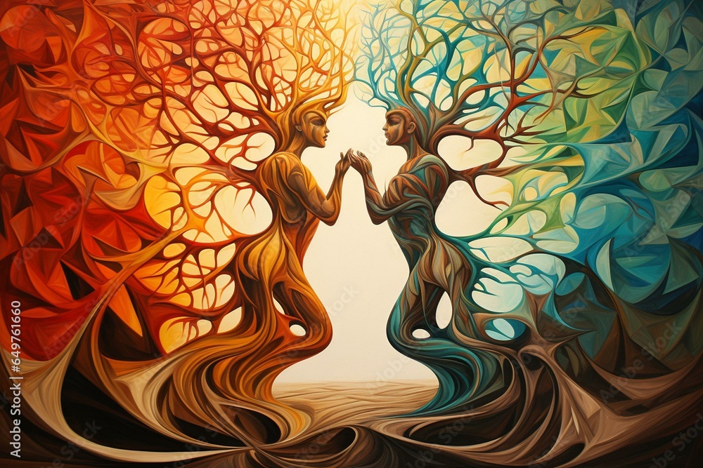 Abstract depiction of two intertwined spirits connected by a tree-like energy. Generative AI