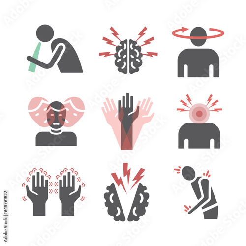 Concussion. Symptoms, Treatmen icons set. Vector signs for web graphics.