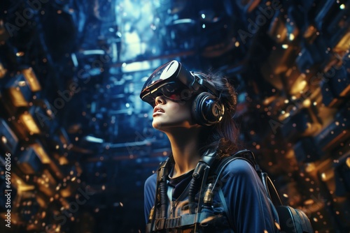 Woman wearing VR headset user, surreal world and virtual reality, Generative AI