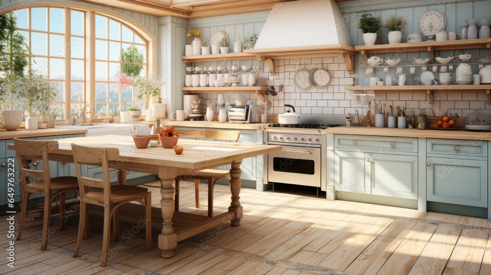 Interior of cozy vintage kitchen provence style. Wooden dining table and chairs, light blue furniture, crockery on the open shelves, houseplants, large window. Contemporary home design. 3D rendering.
