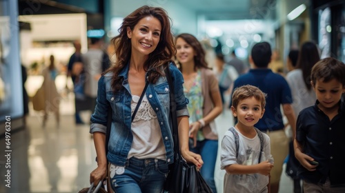 Young woman with two sons happilly smiling at shopping mall during holiday sale las a family spending happy quality time together