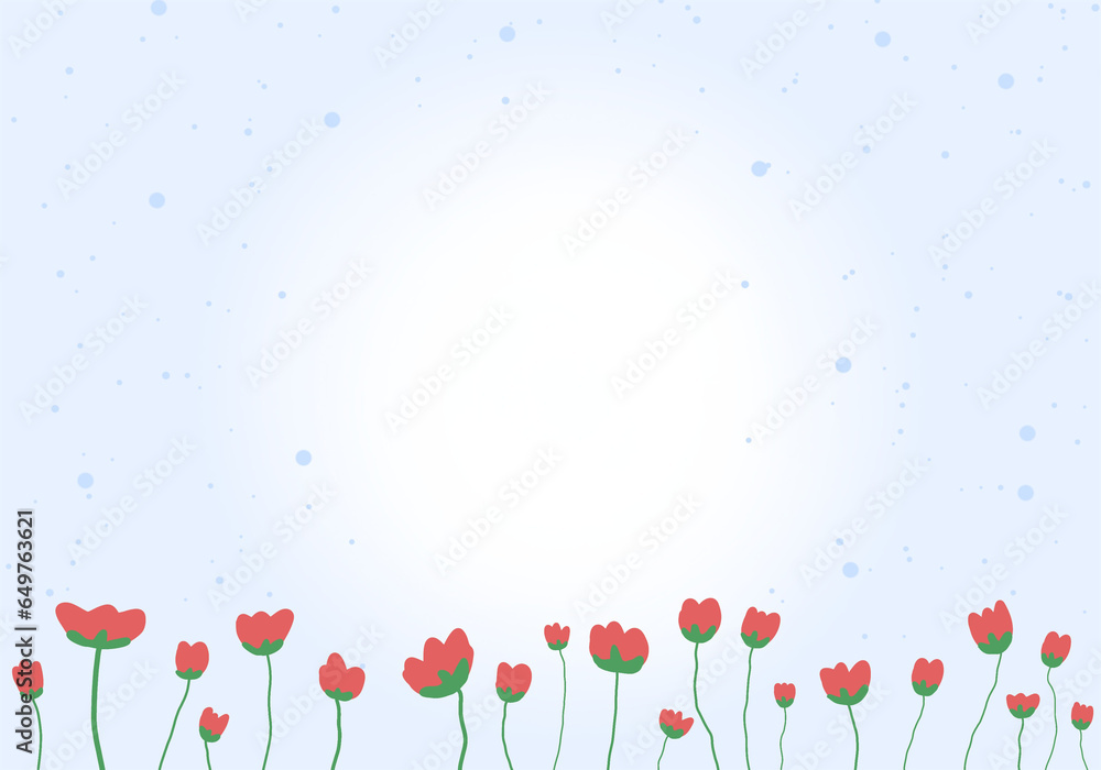Vector background, bright sky, nature and red flowers, cool weather, blue sky wallpaper with dark blue dot lines
