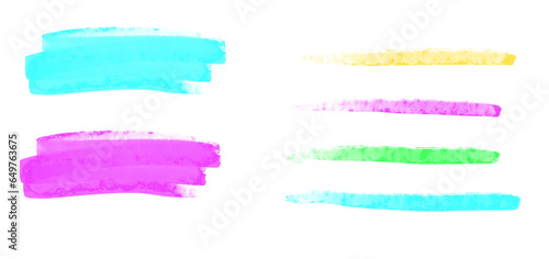 Set of Hand Drawn Brush Grunge Lines. Freehand Brush Stripes. Bright Blue, Pink, Green and Yellow Strokes of Irregular Shape. No Background. Irregular Abstract Elements. Simple Rough Brush Strokes.