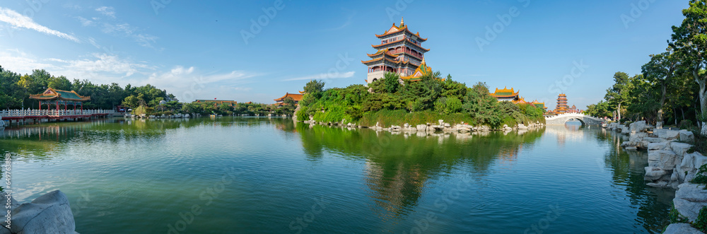 Chinese garden scenery, palaces on lakes, Sanxian Mountain in Yantai, Shandong, China