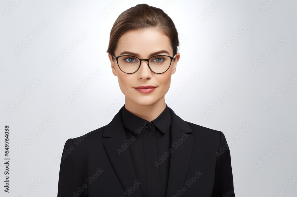 A poised businesswoman in sleek black attire and glasses stands defiantly, her gaze capturing authority and assurance against pure white. A poised businesswoman in sleek black attire and glasses stands defiantly, her gaze capturing authority and assurance against pure white.
