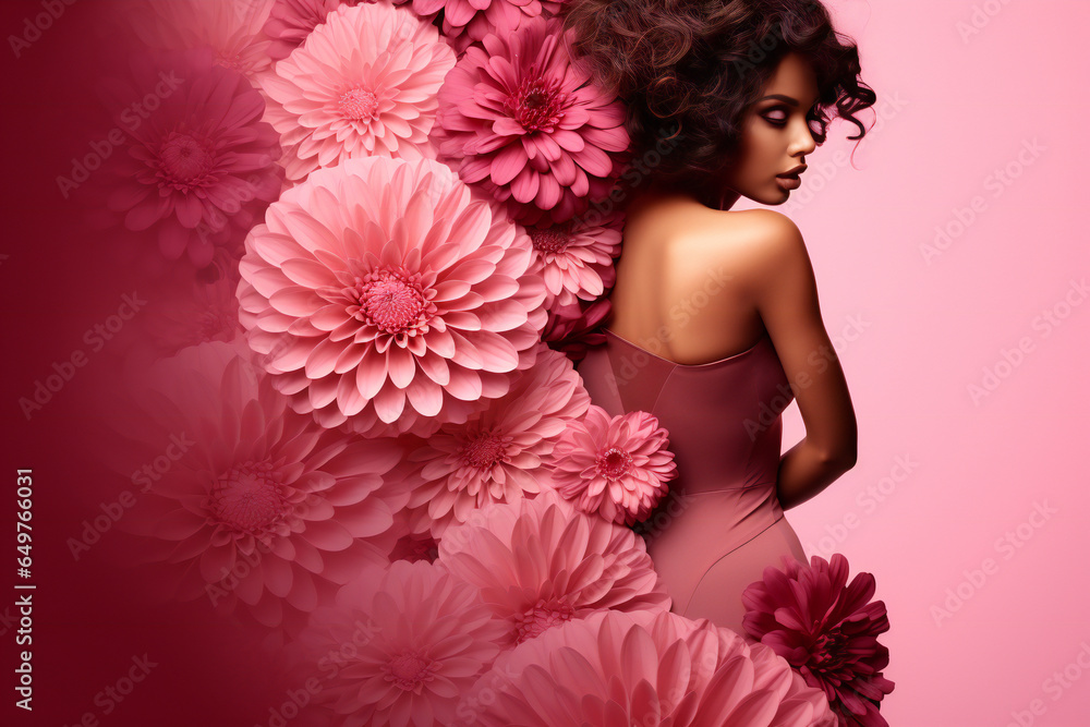 In a Pink Bloom: Woman Glancing Over Shoulder Amidst Giant Pink Flowers
Ideal for Captivating Floral Fashion Editorials and Enchanting Wall Art. Fashion art, Modeling for magazine