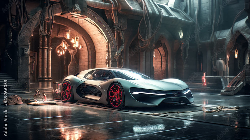 The image features a fantasy car connected to an EV charging station in a futuristic setting.