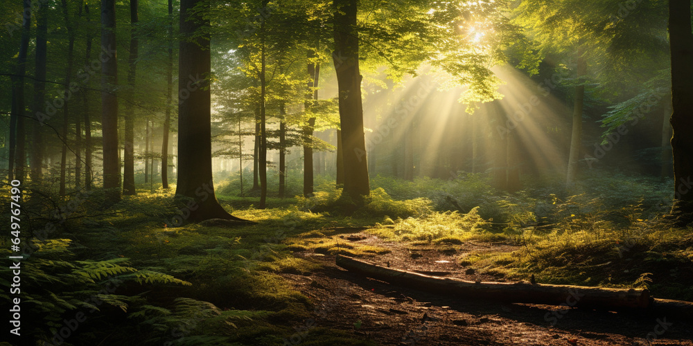 Tranquil Serenity: Sunlight Filtering Through the Trees in a Enchanting Forest Clearing