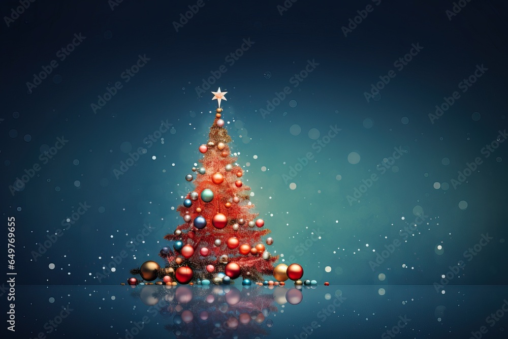 Christmas Tree over a Magical Blue Sky full of Colorful Particles. X-Mas event.