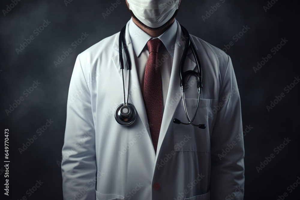 Male doctor wearing medical mask, standing in white coat - obrazy, fototapety, plakaty 