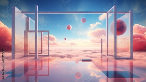 Three-dimensional geometric display with a gorgeous sky background