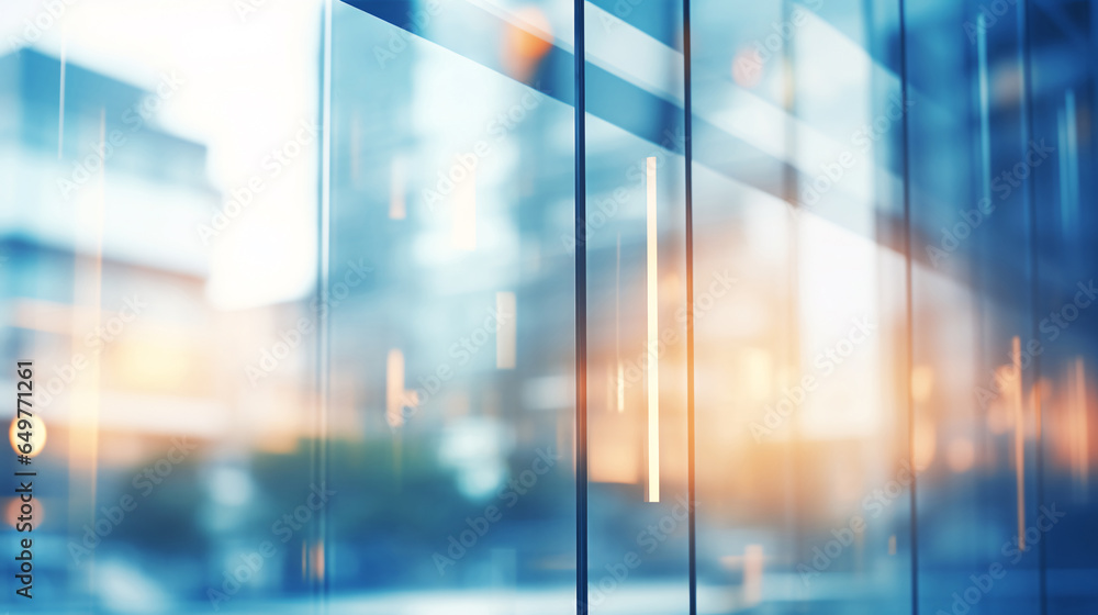 Blurred glass wall of modern business office building at the business center use for background in business concept. Blur corporate business office. Abstract windows with a blue tint. - obrazy, fototapety, plakaty 