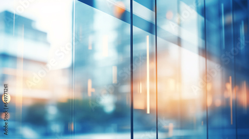 Blurred glass wall of modern business office building at the business center use for background in business concept. Blur corporate business office. Abstract windows with a blue tint.