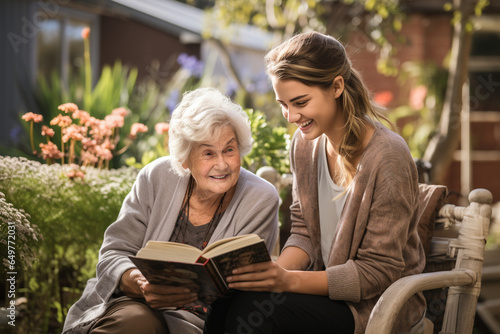 photo featuring an elderly person and a caregiver engaged in a leisurely activity, like reading a book or gardening, emphasizing the value of quality time and shared experiences in © forenna