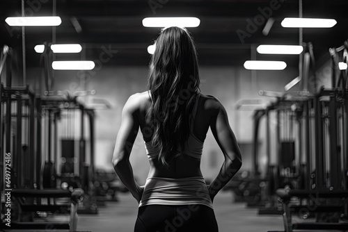Rear view of a muscular woman in sportswear on a gym background.