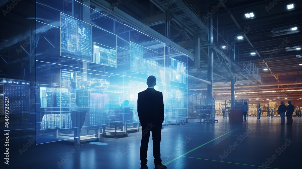 Futuristic Technology Retail Warehouse. Digitalization and Visualization of process that Analyzes Goods. Engineer in foreground. Generative ai. Futuristic Technology Retail Warehouse. Digitalization and Visualization of process that Analyzes Goods. Engineer in foreground. Generative ai.