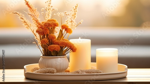 Burning Candles in the Style of Autumnal Season over a Blurred Background. photo