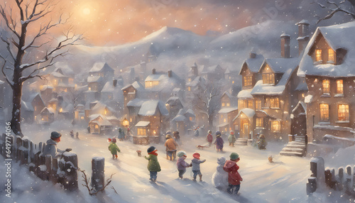 Winter Wonderland: Snowy Mountain Village Comes Alive as Children Play, Building Snowmen in the Snow