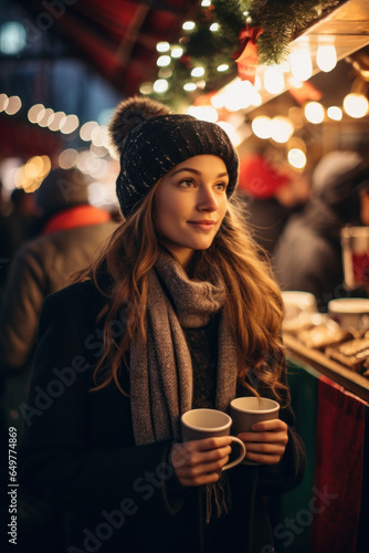 young woman in warm cozy winter clothes with hot drink at christmas market with fairy lights and decorations in winter in film editorial magazine style