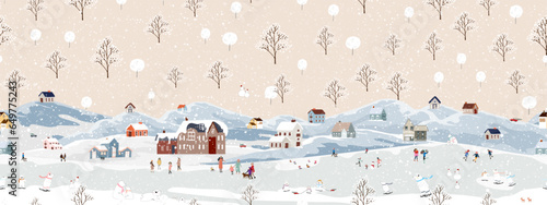 Seamless pattern Winter landscape,Christmas,New Year background in village at night with happy peopleand polar bear playing ice skate in the park,Vector horizontal cute pattern Winter wonderland