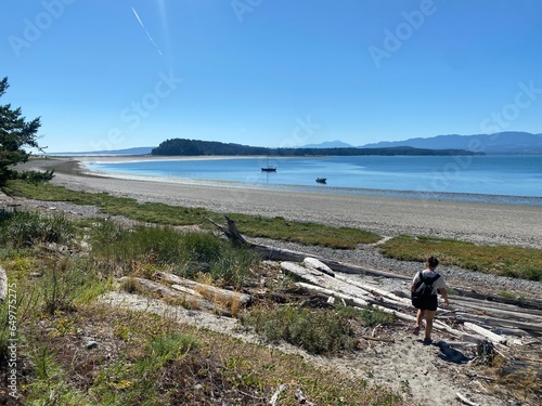 Wallpaper Mural A young woman hiking alone at low tide between Denman Island and Jáji7em and Kw’ulh Marine Park, where the two islands connect, on a beautiful sunny day in the Gulf Islands, Canada. Torontodigital.ca