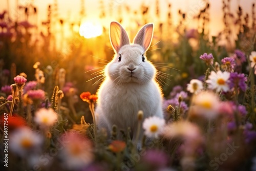 beautiful colorful meadow of wild flowers floral background, landscape with white flowers and a field hare Rabbit with sunset and blurred background