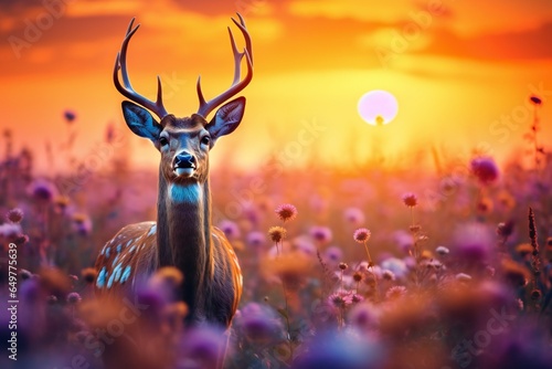 beautiful colorful meadow of wild flowers floral background, landscape with white flowers and a deer with sunset and blurred background © JAYDESIGNZ
