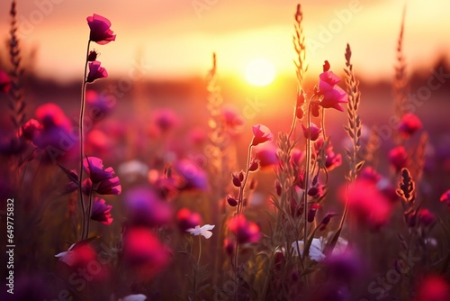 beautiful colorful meadow of wild flowers floral background, landscape with purple pink flowers with sunset and blurred background