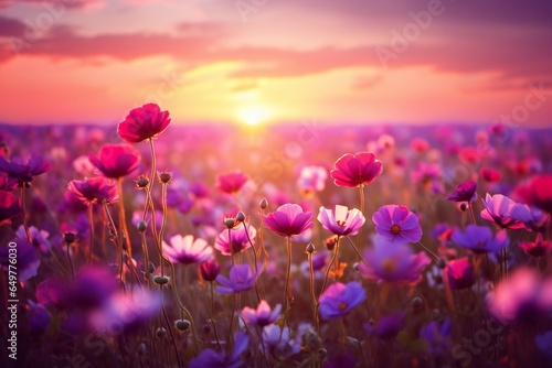 beautiful colorful meadow of wild flowers floral background, landscape with purple pink flowers with sunset and blurred background © JAYDESIGNZ