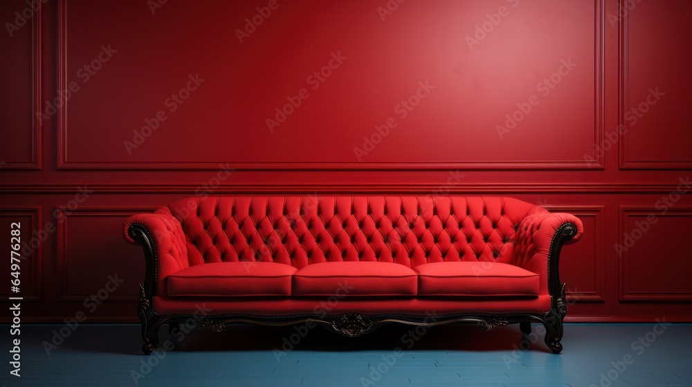 Interior waiting room mockup with sofa and frame 3D render.