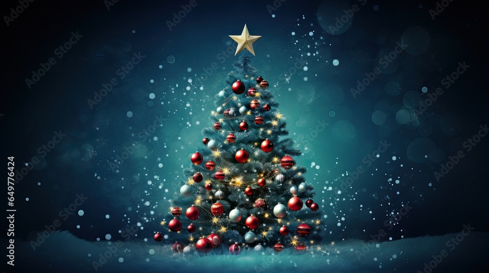 Christmas Tree over a Magical Blue Sky full of Colorful Particles. X-Mas event.