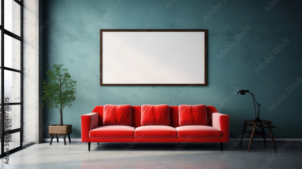 Interior waiting room mockup with sofa and frame 3D render. Interior waiting room mockup with sofa and frame 3D render.