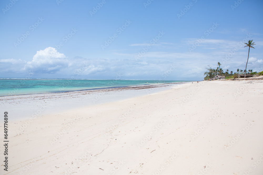 Paradise beach with white sand and palms. Diani Beach at Indian ocean surroundings of Mombasa, Kenya. Landscape photo exotic beach in Africa