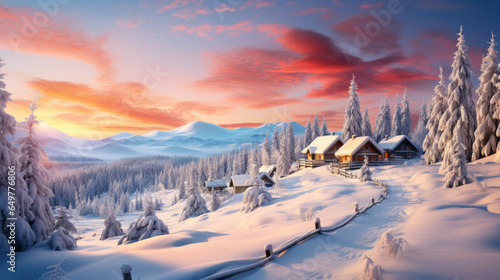 luxury houses in winter at sunset