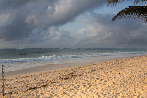 Paradise beach with white sand and palms. Diani Beach at Indian ocean surroundings of Mombasa  Kenya. Landscape photo exotic beach in Africa