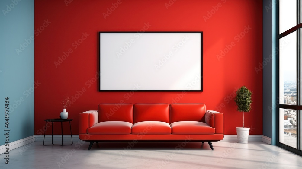 Interior waiting room mockup with sofa and frame 3D render. Interior waiting room mockup with sofa and frame 3D render.