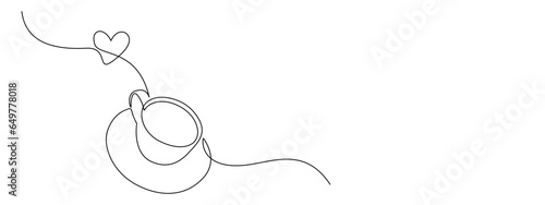 One continuous drawing of cup coffee with heart symbol. Hot drink and mug of tea with love for web banner in simple linear style. Editable stroke. Doodle vector illustration