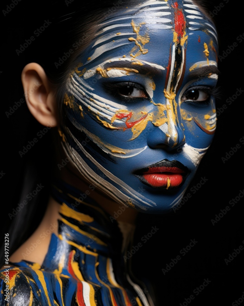 Close-Up Portrait of a Woman with Facepaint Make-Up. Colorful Bodypainting Art. Generative AI. Close-Up Portrait of a Woman with Facepaint Make-Up. Colorful Bodypainting Art. Generative AI.