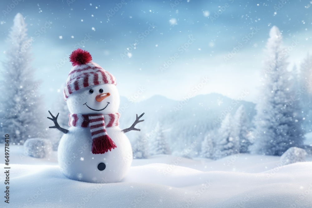 Meet a snowman adorned in a red hat and scarf against the backdrop of snow-covered mountains. This beautiful winter scene offers us the beauty of nature and tranquility. Experience harmo Generative AI