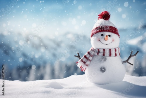 Meet a snowman adorned in a red hat and scarf against the backdrop of snow-covered mountains. This beautiful winter scene offers us the beauty of nature and tranquility. Experience harmo Generative AI photo