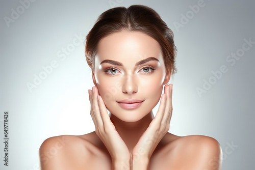 Enjoy a portrait of a beautiful young woman with clean and fresh skin. This artwork captures the moments of beauty in facial treatment and cosmetology. Experience the beauty and health o Generative AI photo
