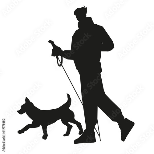 Silhouette of elderly woman with Nordic walking poles and her dog doing an outdoor workout, flat vector illustration on a white background. Senior woman doing sport and walking pet.