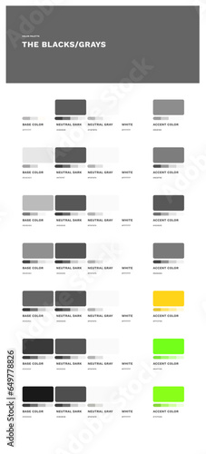 Black gray color palette in 7 different shades