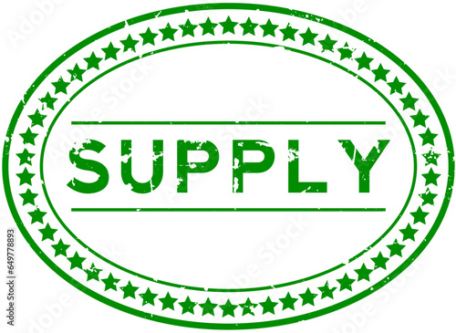 Grunge green supply word oval rubber seal stamp on white background