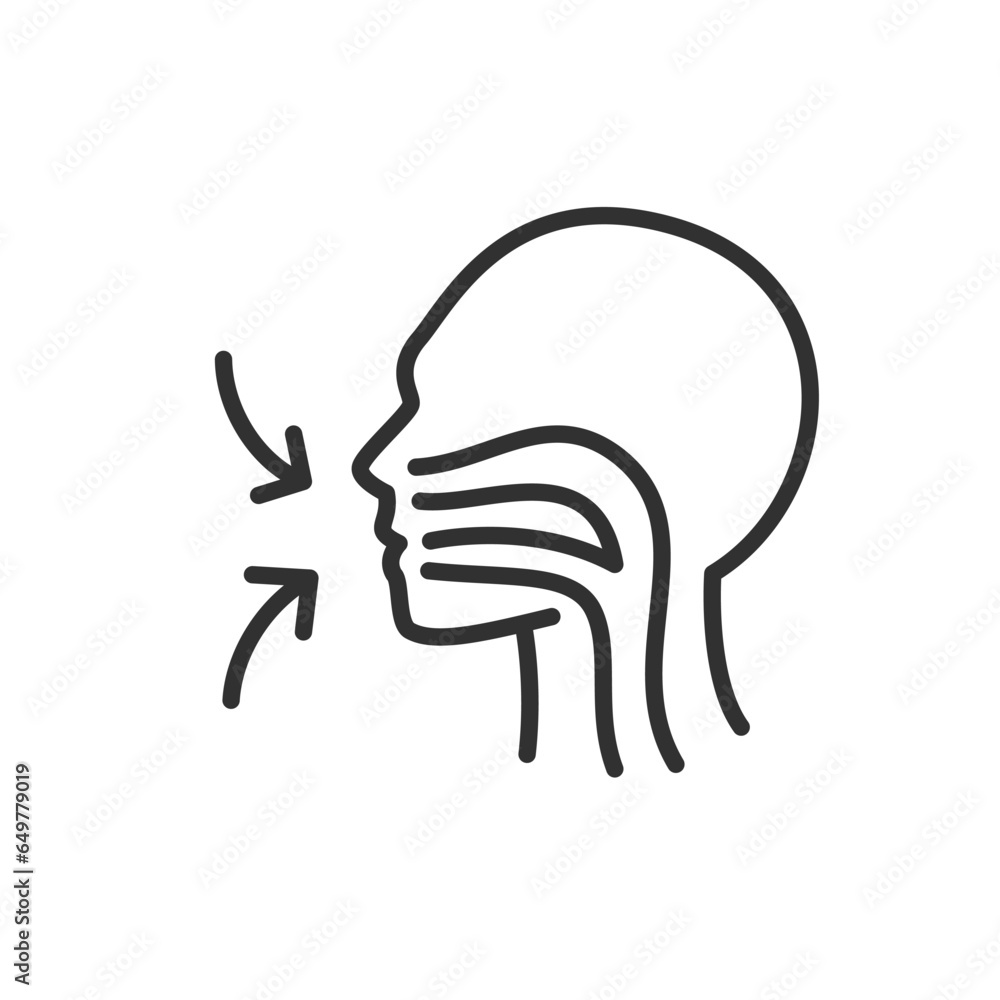 Person inhaling air through mouth and nose, linear icon. Upper respiratory tract. Line with editable stroke Person inhaling air through mouth and nose, linear icon. Upper respiratory tract. Line with editable stroke