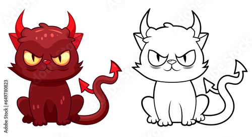 Devil cat cartoon vector illustration, red Cat with devil's horns and tail, Evil cat, Devil Cat colored and black and white stock vector image
