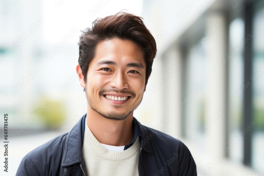 Cheerful young adult with a smile and hearty gaze, front view portrait of a content individual with black hair and facial hair Cheerful young adult with a smile and hearty gaze, front view portrait of a content individual with black hair and facial hair
