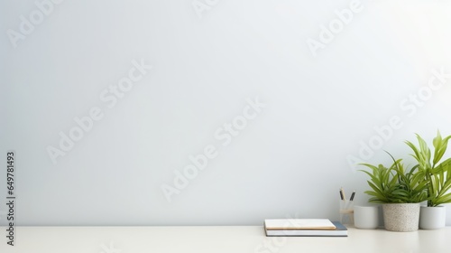 Workspace - office table, empty desk with supplies against the white wall, copy space for text or product showcase