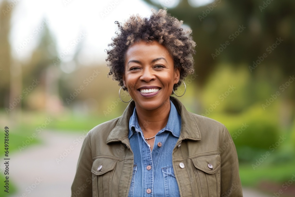 Cheerful senior woman with curly hair smiling at the camera